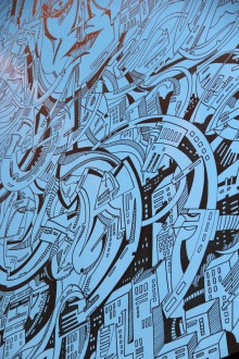 Une fresque inspirée de Metropolis sur une fenêtre