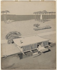 Vue d&rsquo;ensemble de la Cocoon House (1950), projet architectural de Paul Rudolph